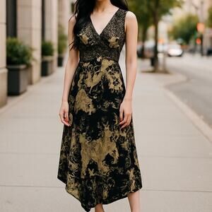 INC Women's Vintage Embroidered 100% Silk Handkerchief Hem Dress Size 10 Black